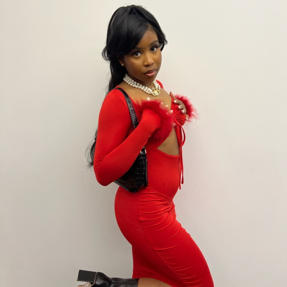 Red Long Sleeve Fur Feather Trim Maxi Midi Bodycon Cutout Dress